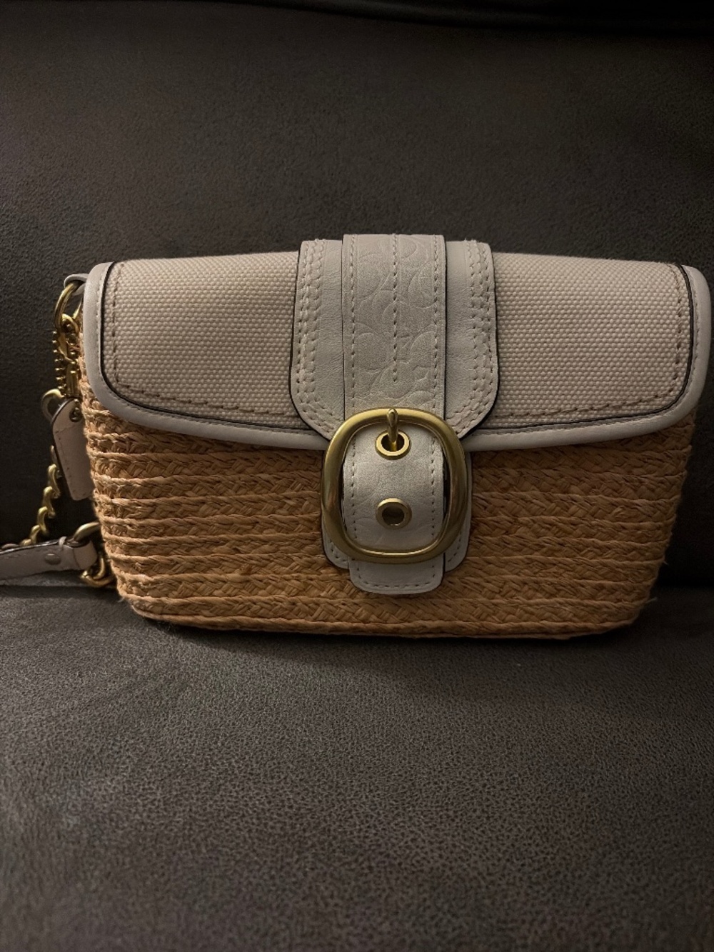 Coach straw/ raffia white leather clutch/ wristlet